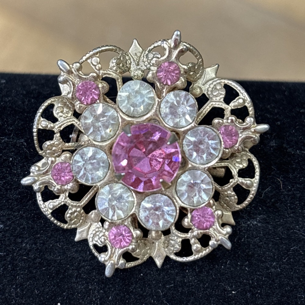Vintage 1940s 1950s Pink Clear Rhinestone Floral Brooch Gold Tone Openwork